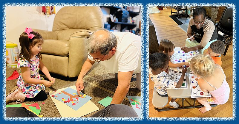 girl and man doing art project, four children and adult playing a game