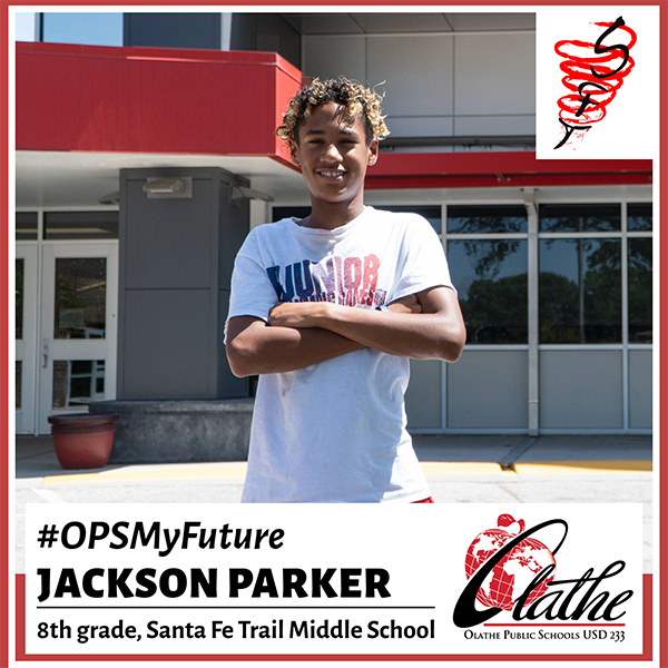 Jackson Parker standing in front of Santa Fe Trail Middle School