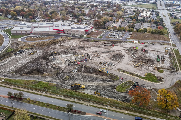 aerial view of demolition site of old Santa Fe Trail Middle School